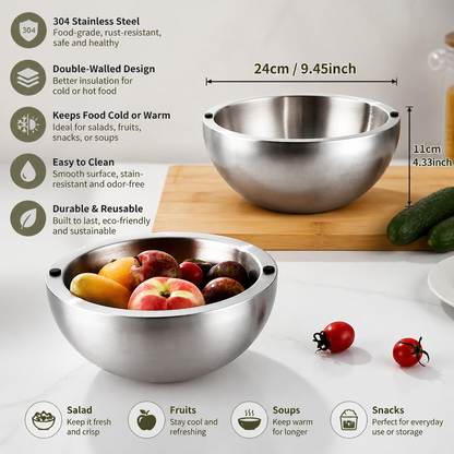 Double-Walled Stainless Steel Bowl for Keeping Food Cold or Warm