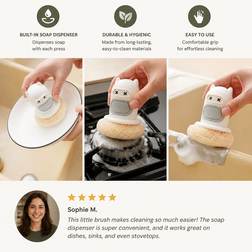 Cute Dish Brush with Built-In Soap Dispenser