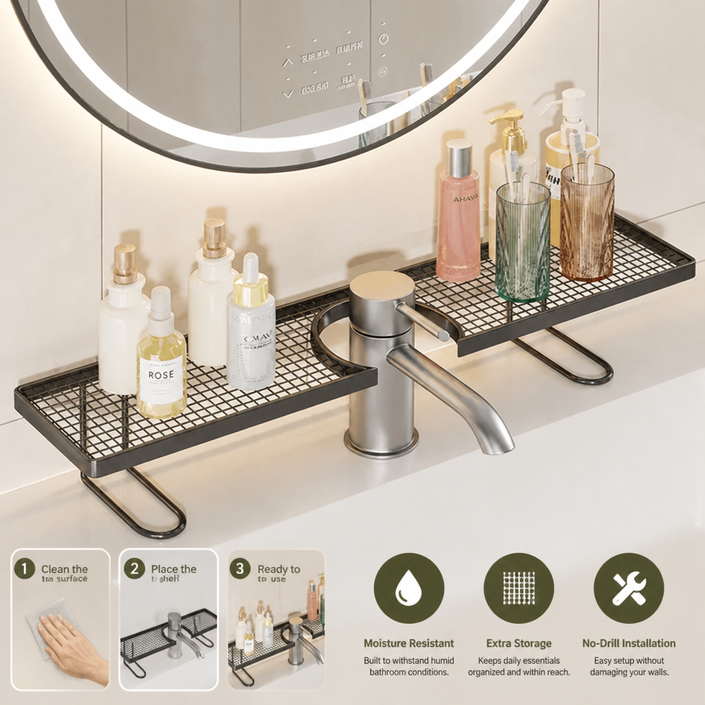 No-Drill Moisture-Resistant Bathroom Countertop Organizer Shelf