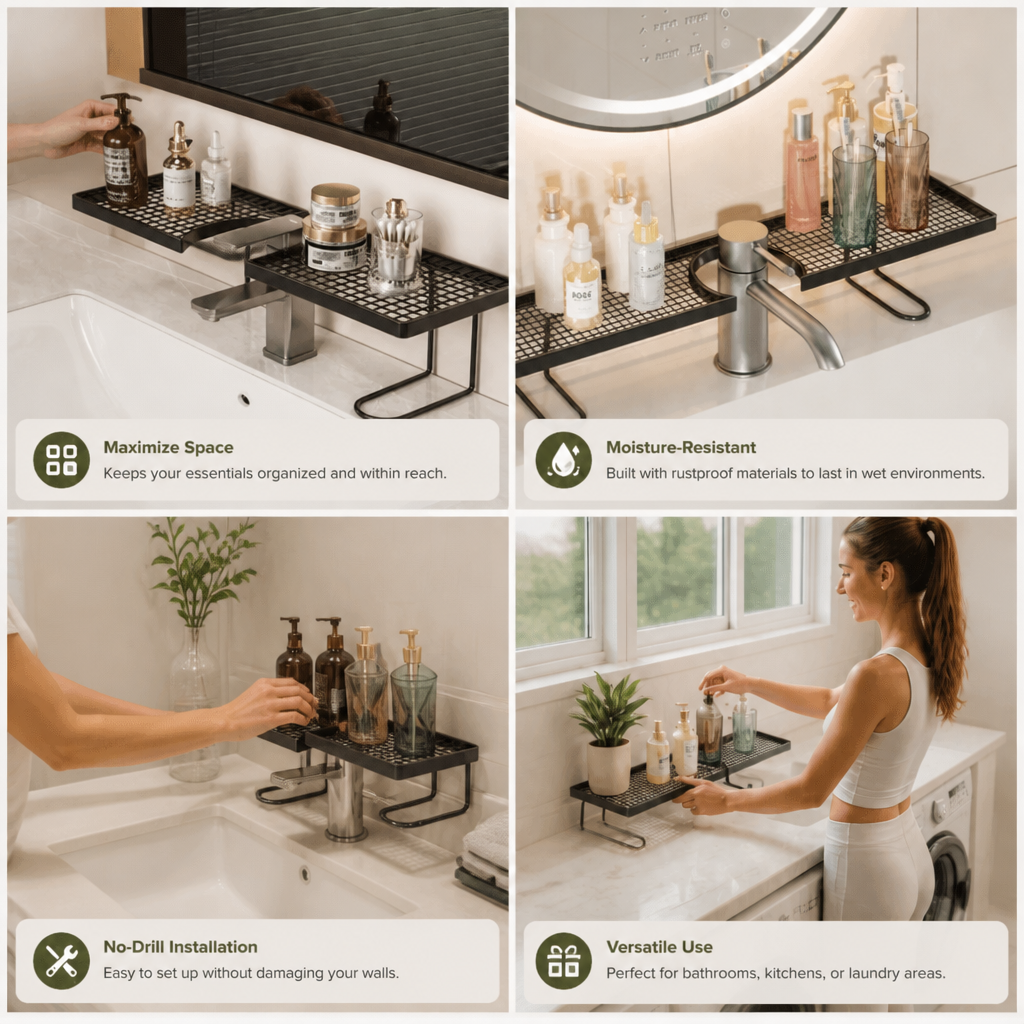 No-Drill Moisture-Resistant Bathroom Countertop Organizer Shelf