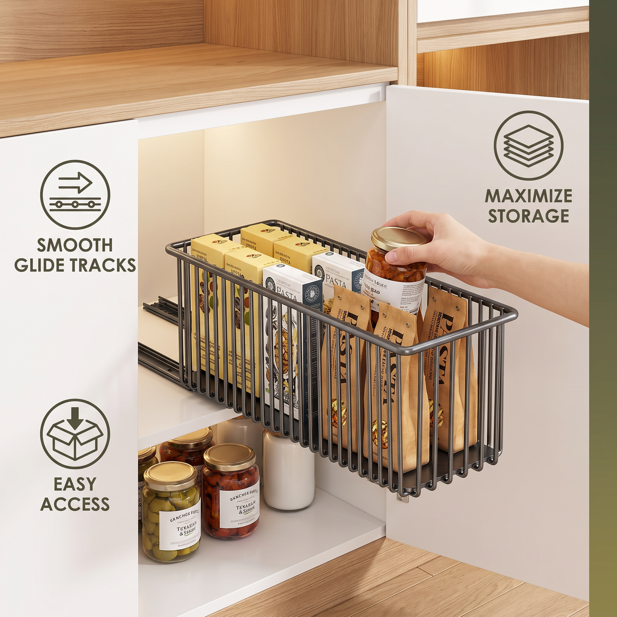 Space-Saving Pull-Out Carbon Steel Storage Basket & Cabinet Organizer