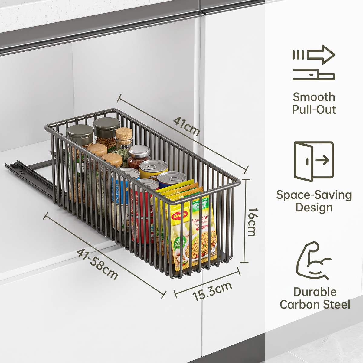 Space-Saving Pull-Out Carbon Steel Storage Basket & Cabinet Organizer