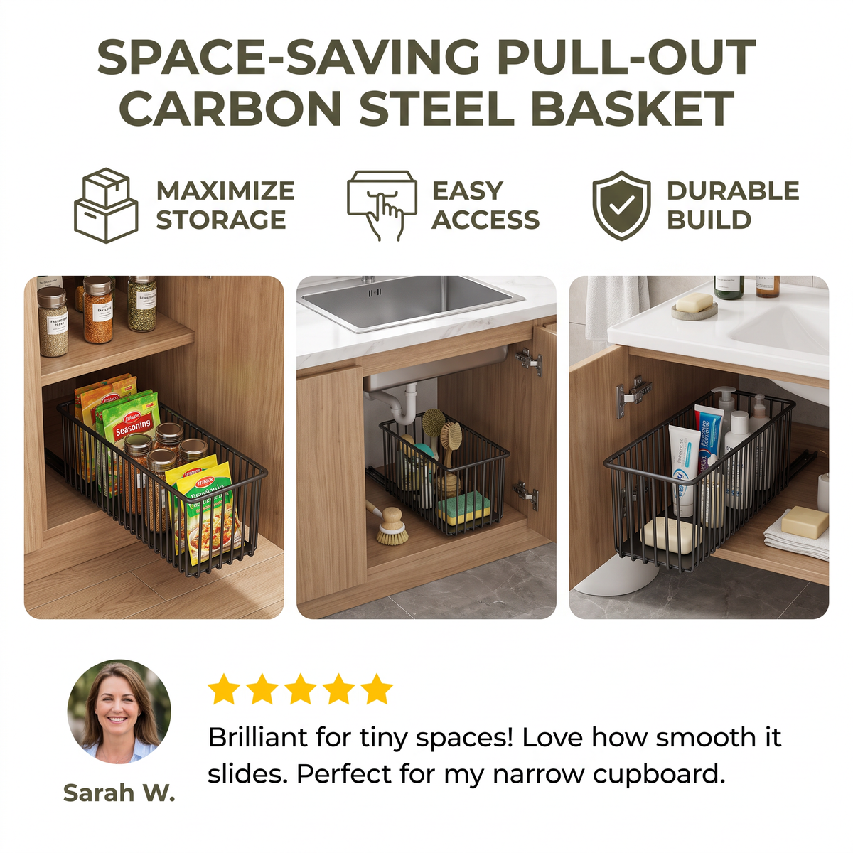 Space-Saving Pull-Out Carbon Steel Storage Basket & Cabinet Organizer