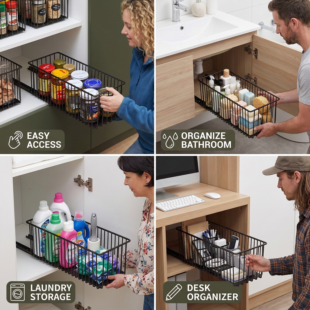 Space-Saving Pull-Out Carbon Steel Storage Basket & Cabinet Organizer