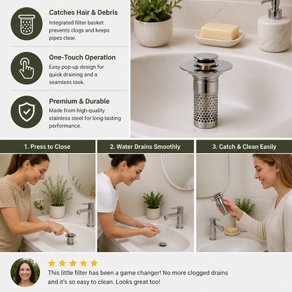 Universal Pop-Up Bathroom Sink Drain Stopper with Hair Catcher & Stainless Steel Filter Basket