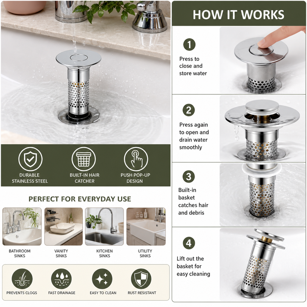 Universal Pop-Up Bathroom Sink Drain Stopper with Hair Catcher & Stainless Steel Filter Basket