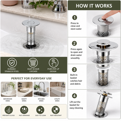 Universal Pop-Up Bathroom Sink Drain Stopper with Hair Catcher & Stainless Steel Filter Basket