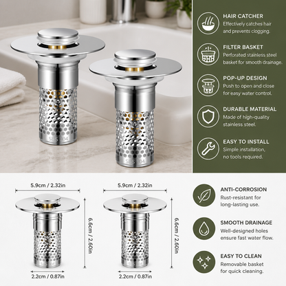 Universal Pop-Up Bathroom Sink Drain Stopper with Hair Catcher & Stainless Steel Filter Basket