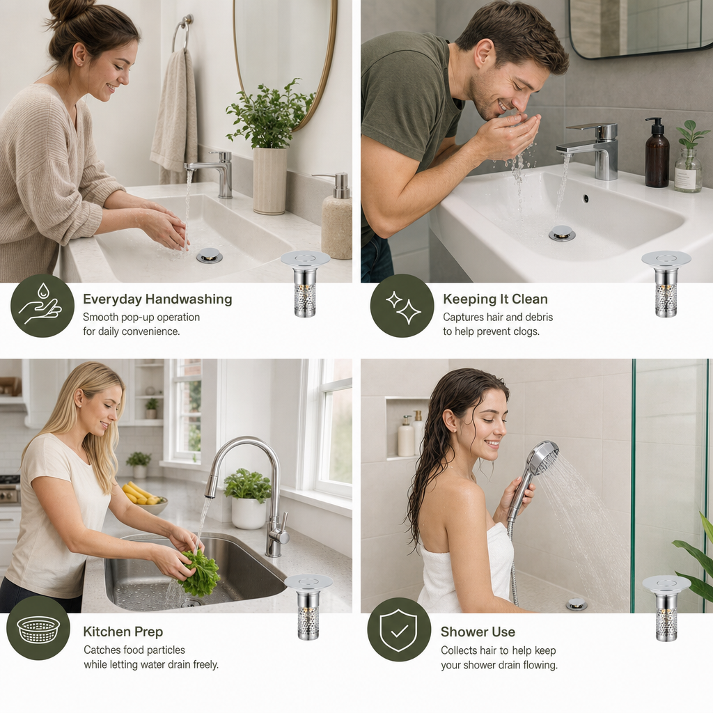 Universal Pop-Up Bathroom Sink Drain Stopper with Hair Catcher & Stainless Steel Filter Basket
