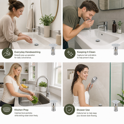 Universal Pop-Up Bathroom Sink Drain Stopper with Hair Catcher & Stainless Steel Filter Basket