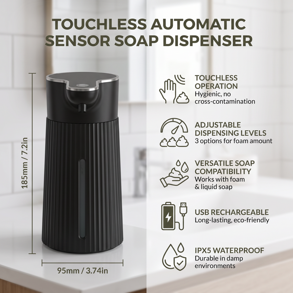 Touchless Automatic Sensor Soap Dispenser with Adjustable Dispensing Levels