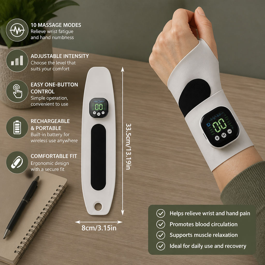 EMS Hand & Wrist Massager with 10 Modes for Pain Relief