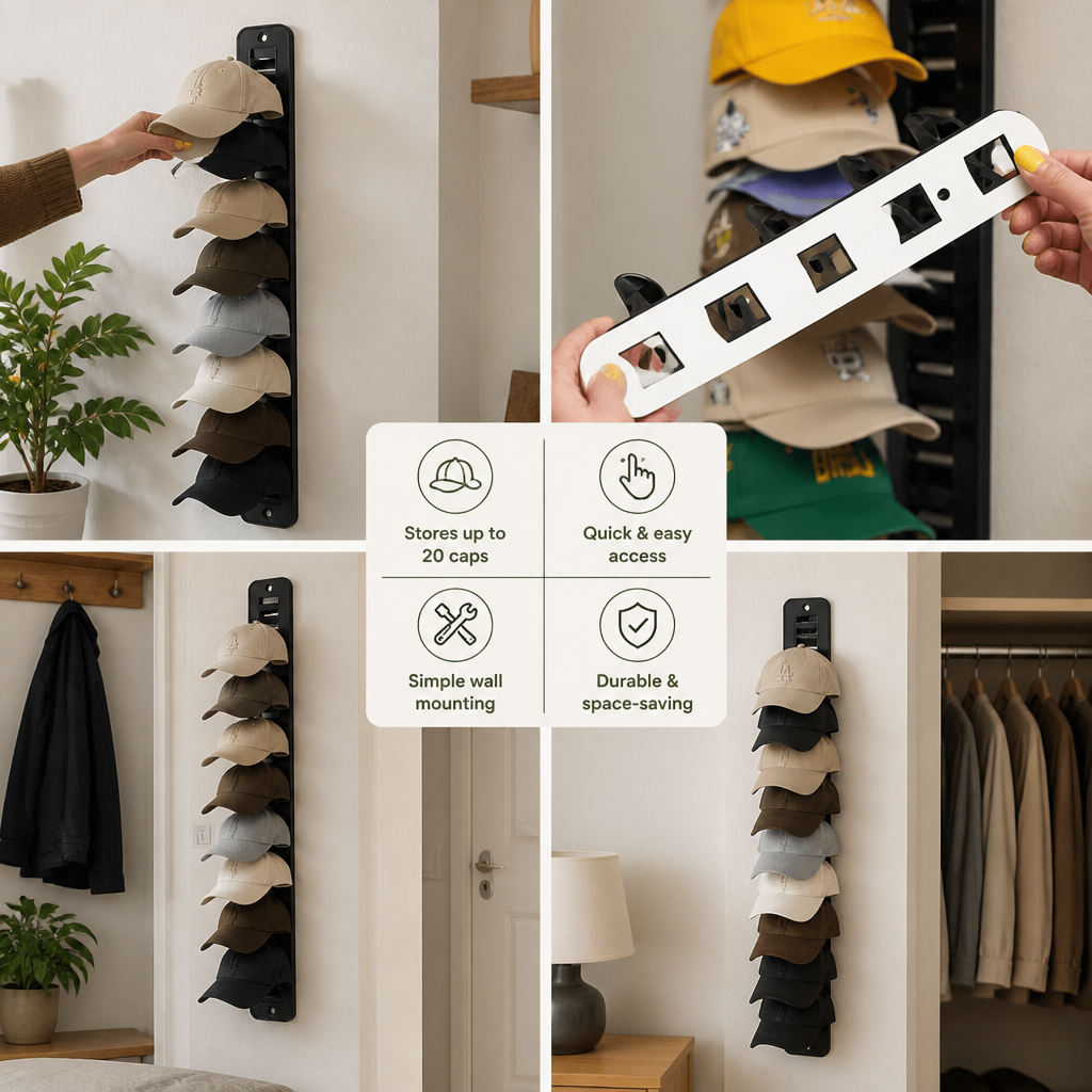 Wall-Mounted Hat Organizer – Holds Up to 20 Caps