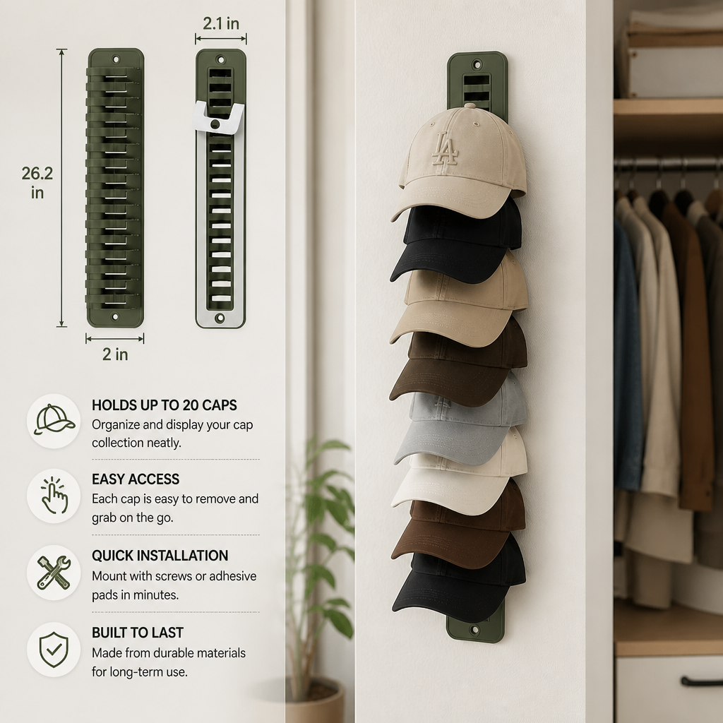 Wall-Mounted Hat Organizer – Holds Up to 20 Caps