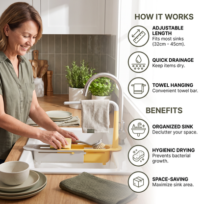 Adjustable Telescopic Sink Organizer with Drainage Basket & Towel Bar