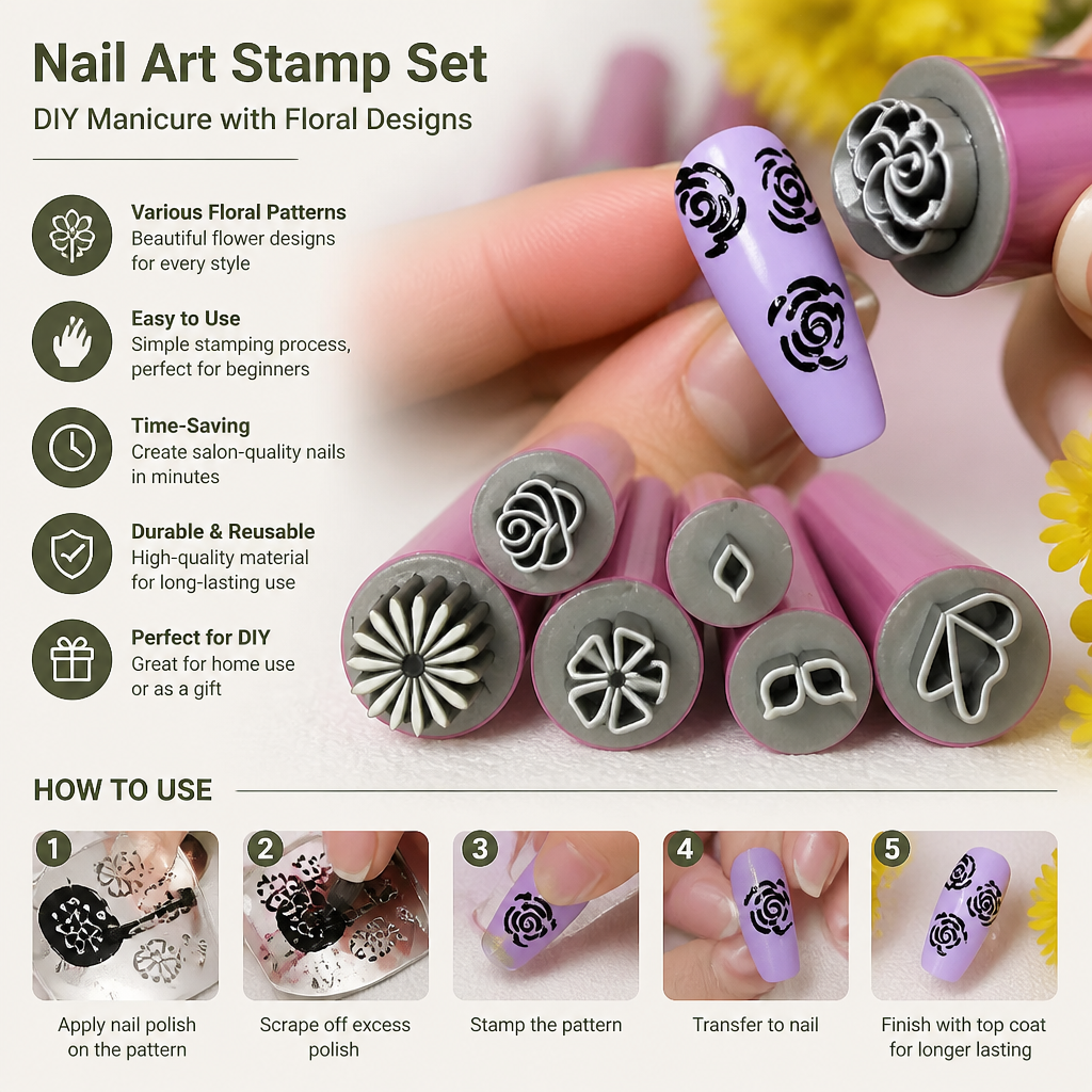Nail Art Stamp Set – DIY Manicure with Floral Designs