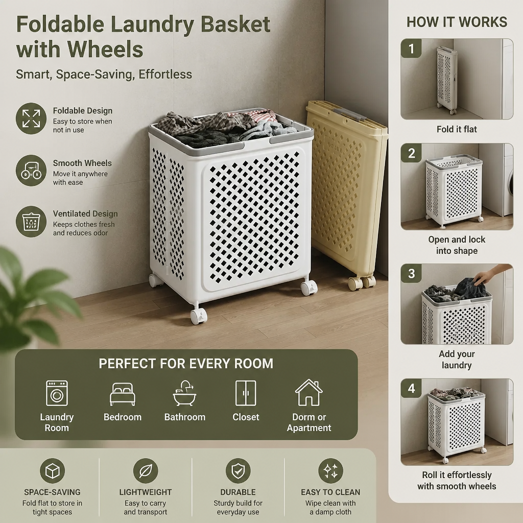 Foldable Laundry Basket with Wheels