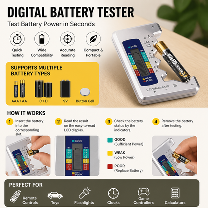 Digital Battery Tester with LCD Display – Capacity Checker for AA, AAA, C, D, 9V & Button Cells
