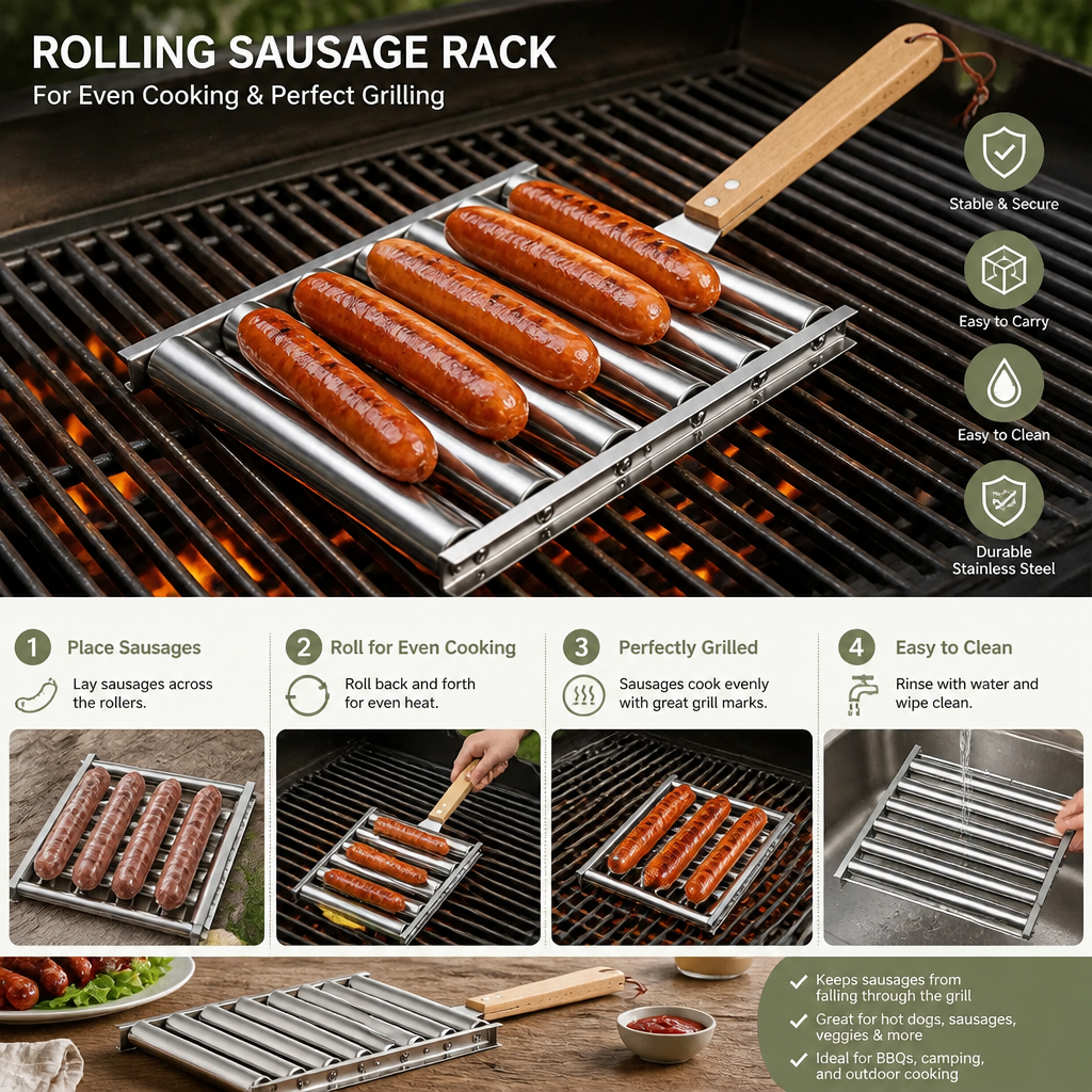 Stainless Steel Sausage Rack – Rollable Grill Holder for Hot Dogs & Sausages