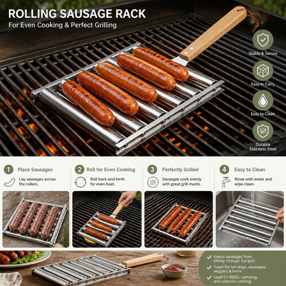 Stainless Steel Sausage Rack – Rollable Grill Holder for Hot Dogs & Sausages
