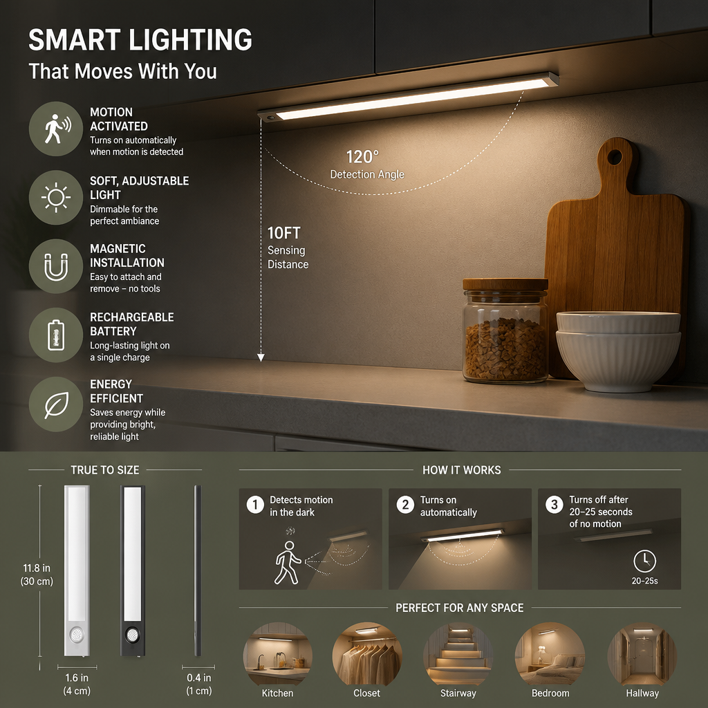 Wireless LED Under-Cabinet Light with Motion Sensor – Magnetic & Dimmable