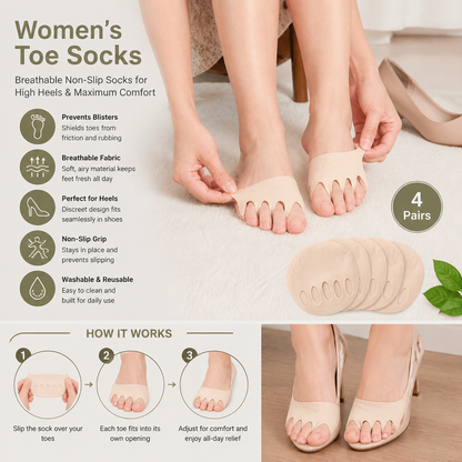 Women’s Toe Socks – Breathable Non-Slip Socks for High Heels & Maximum Comfort (4 pairs)