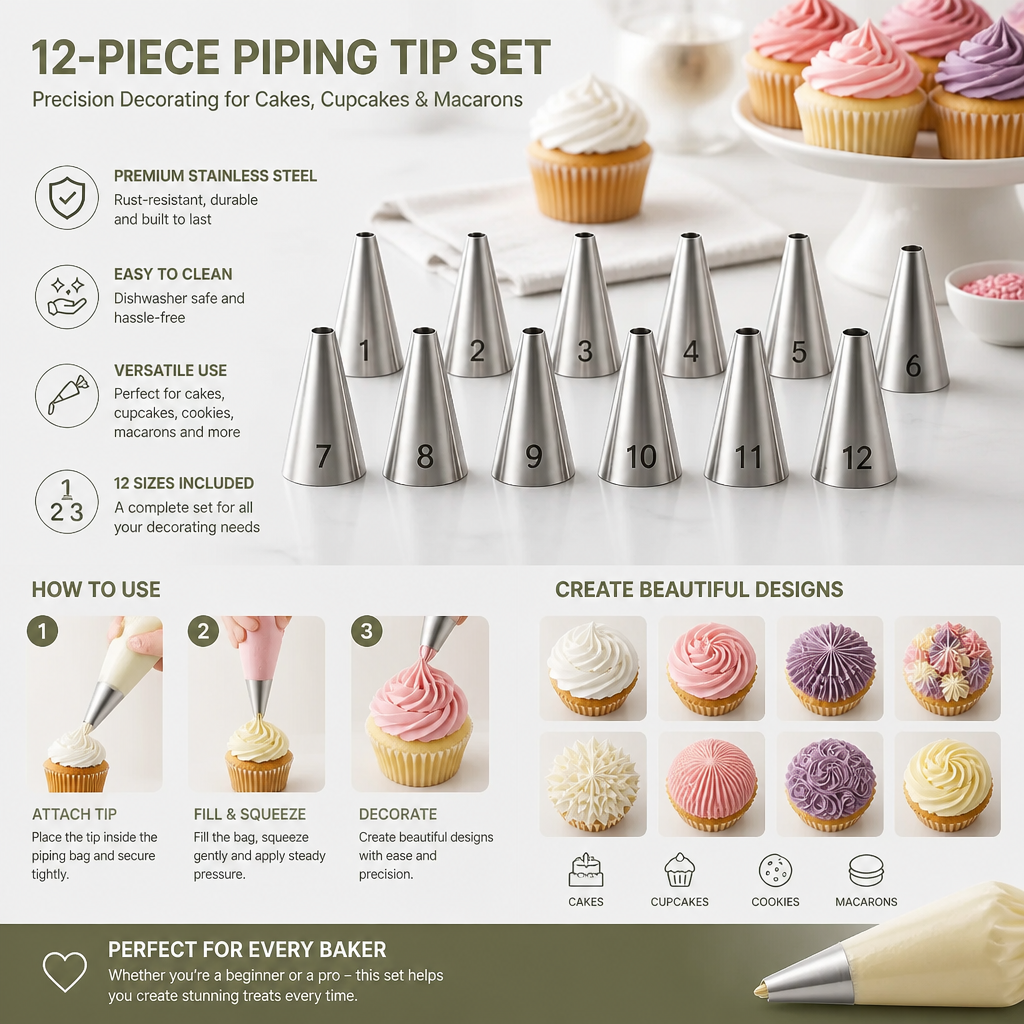 12-Piece Piping Tip Set – Precision Decorating for Cakes, Cupcakes & Macarons