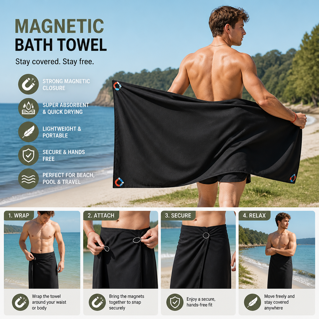 Extra Large Magnetic Bath Towel, Quick-Drying Beach Towel, Portable Outdoor Swimming Towel with Strong Water Absorption