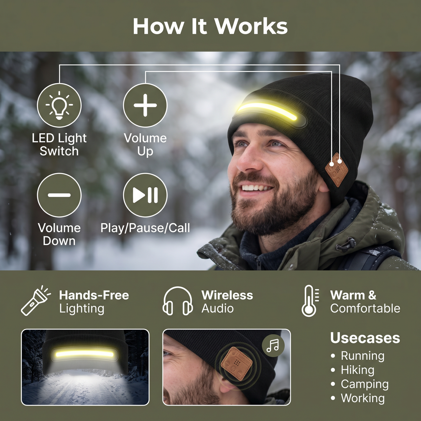Warm Hat with Integrated Bluetooth Headphones and LED Light Strip