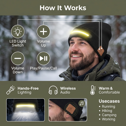Warm Hat with Integrated Bluetooth Headphones and LED Light Strip