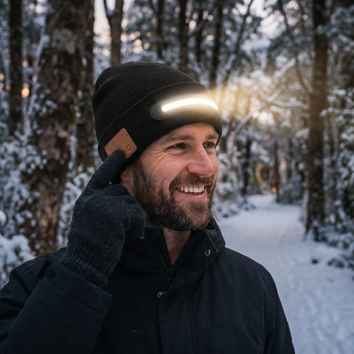 Warm Hat with Integrated Bluetooth Headphones and LED Light Strip