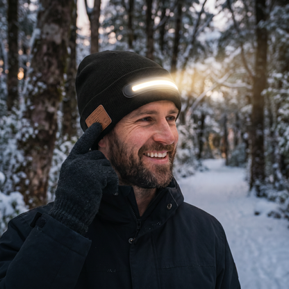 Warm Hat with Integrated Bluetooth Headphones and LED Light Strip