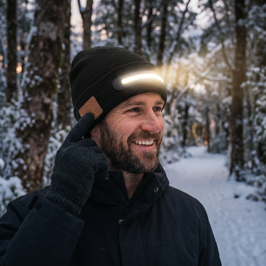 Warm Hat with Integrated Bluetooth Headphones and LED Light Strip