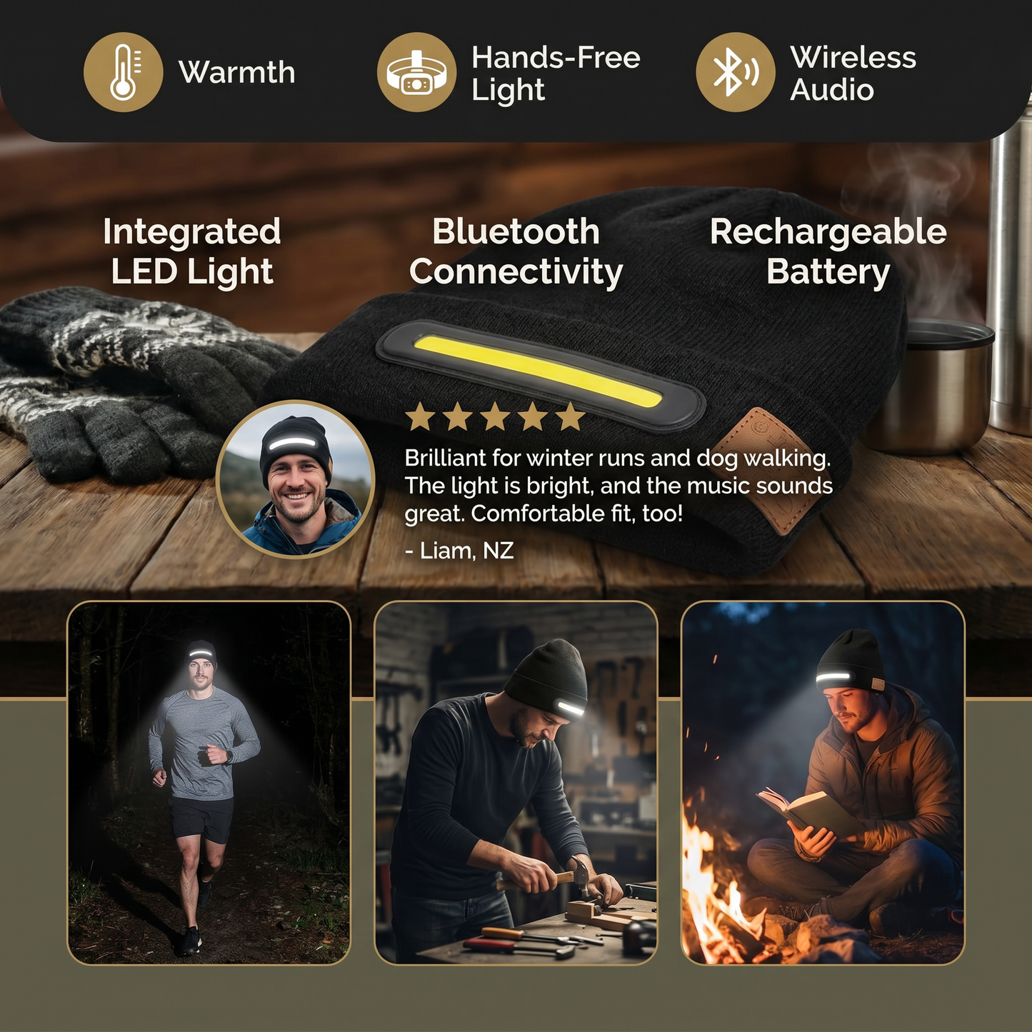 Warm Hat with Integrated Bluetooth Headphones and LED Light Strip