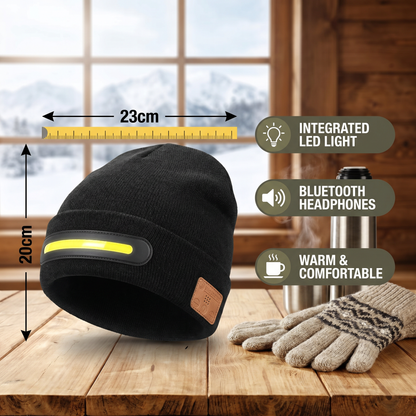Warm Hat with Integrated Bluetooth Headphones and LED Light Strip
