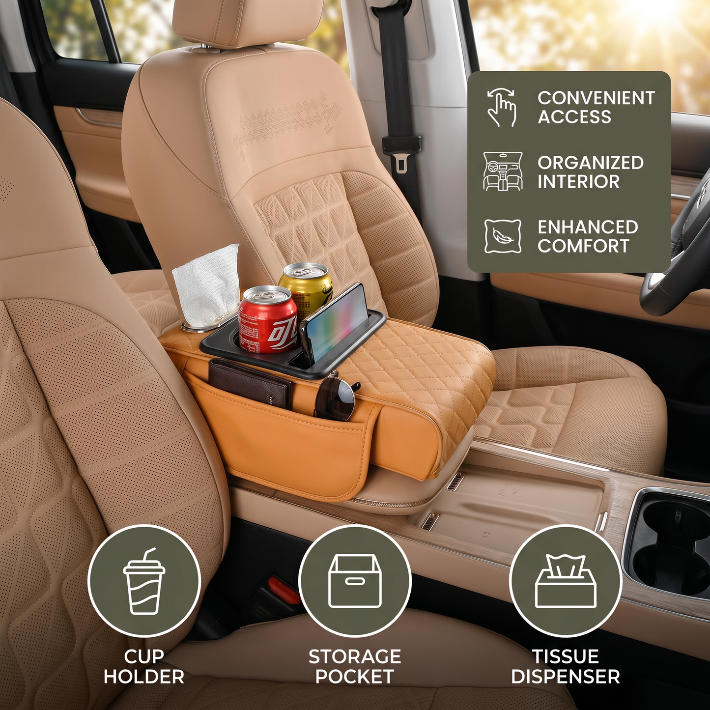 Multifunctional Car Armrest with Cup Holder & Storage