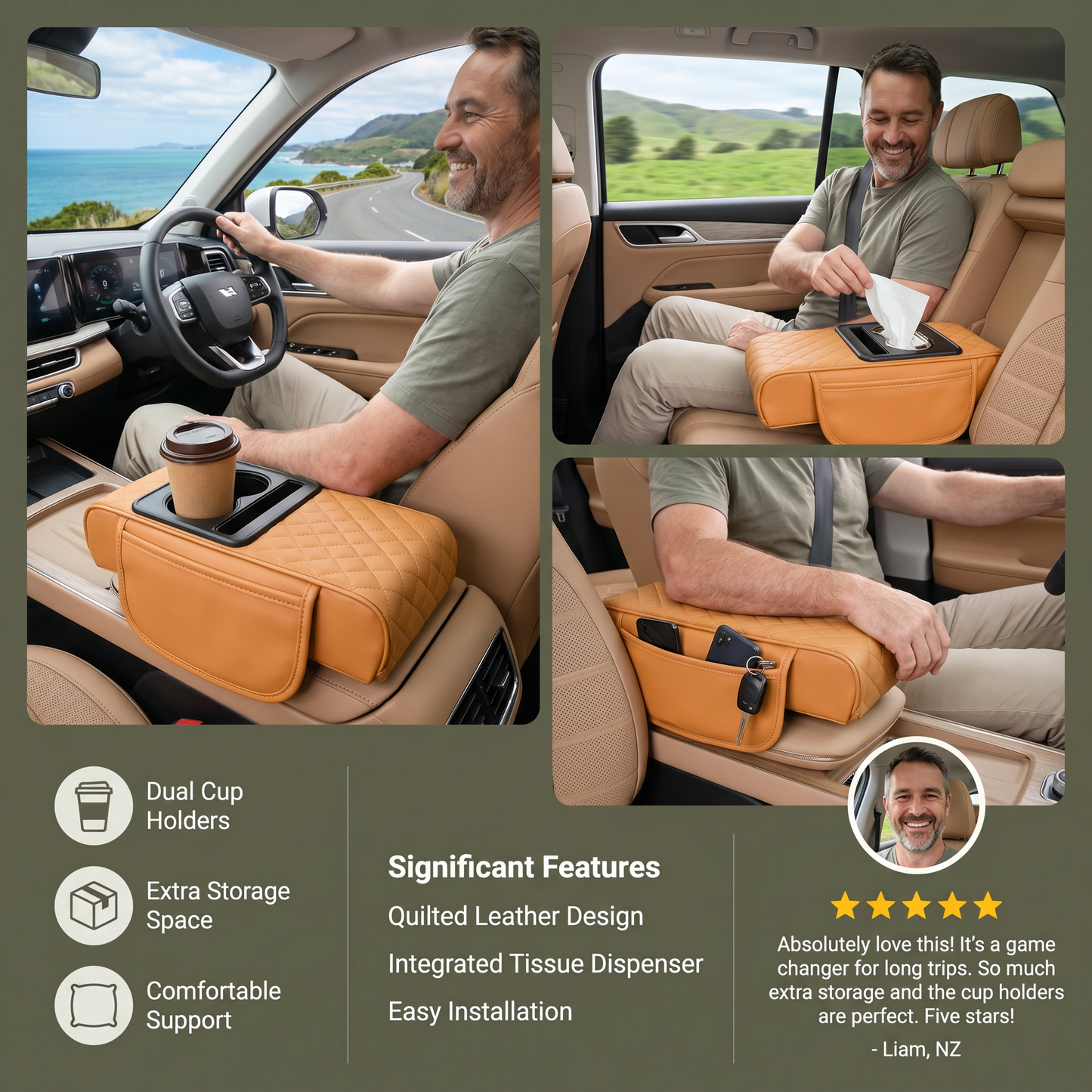 Multifunctional Car Armrest with Cup Holder & Storage