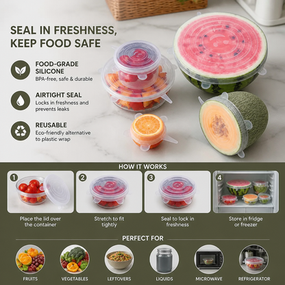 6-Piece Silicone Stretch Lid Set – Reusable BPA-Free Food Covers