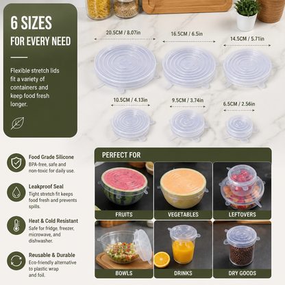 6-Piece Silicone Stretch Lid Set – Reusable BPA-Free Food Covers