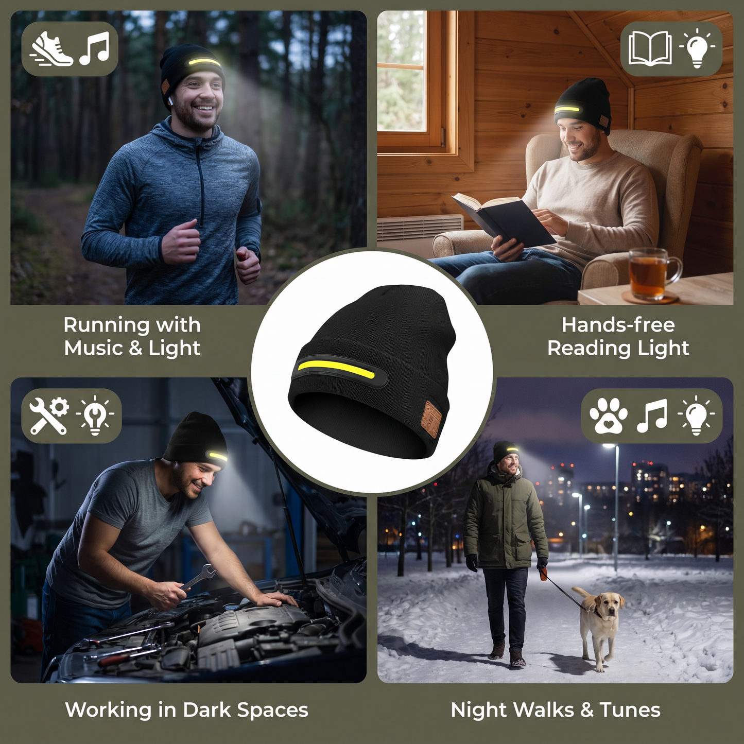 Warm Hat with Integrated Bluetooth Headphones and LED Light Strip