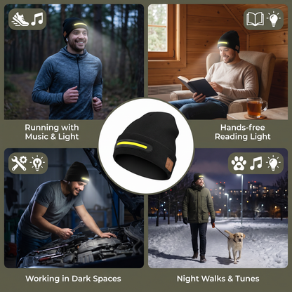 Warm Hat with Integrated Bluetooth Headphones and LED Light Strip