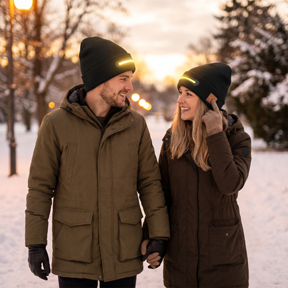 Warm Hat with Integrated Bluetooth Headphones and LED Light Strip