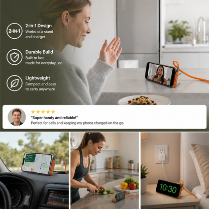 2-in-1 Durable & Foldable Phone Stand with Detachable USB-C Charging Cable