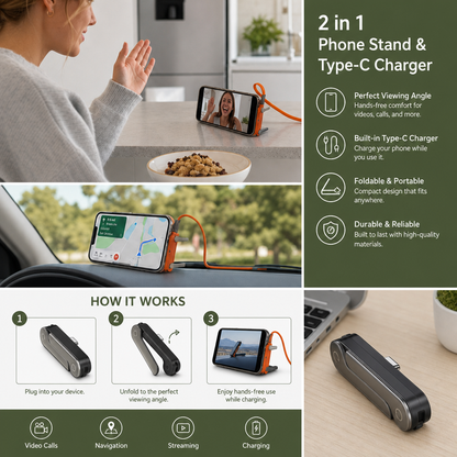 2-in-1 Durable & Foldable Phone Stand with Detachable USB-C Charging Cable