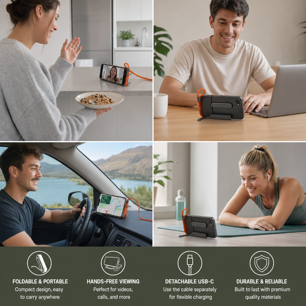 2-in-1 Durable & Foldable Phone Stand with Detachable USB-C Charging Cable