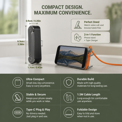 2-in-1 Durable & Foldable Phone Stand with Detachable USB-C Charging Cable