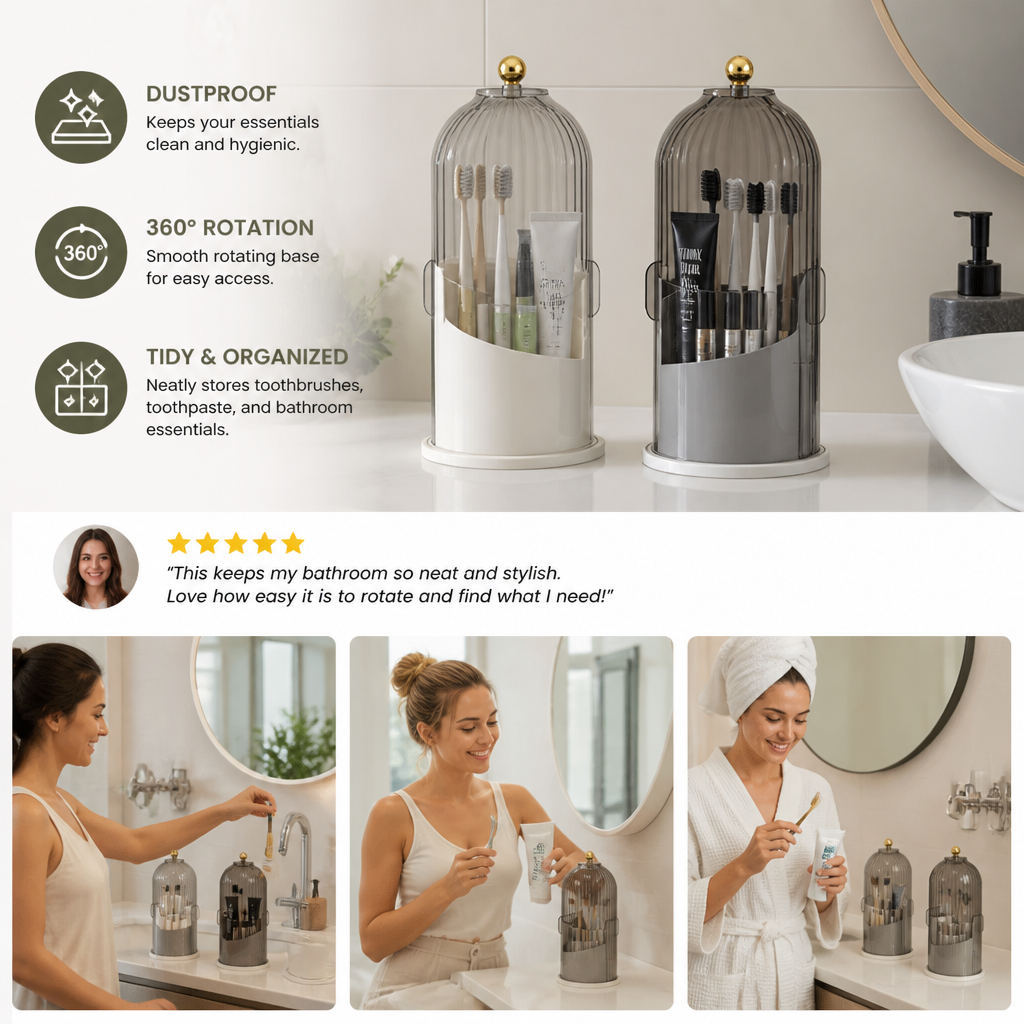 Rotating Toothbrush & Bathroom Essentials Organizer with Dustproof Clear Cover
