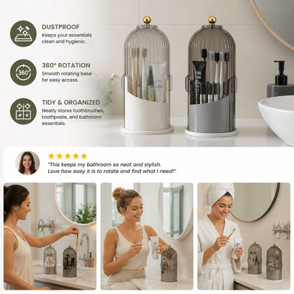 Rotating Toothbrush & Bathroom Essentials Organizer with Dustproof Clear Cover