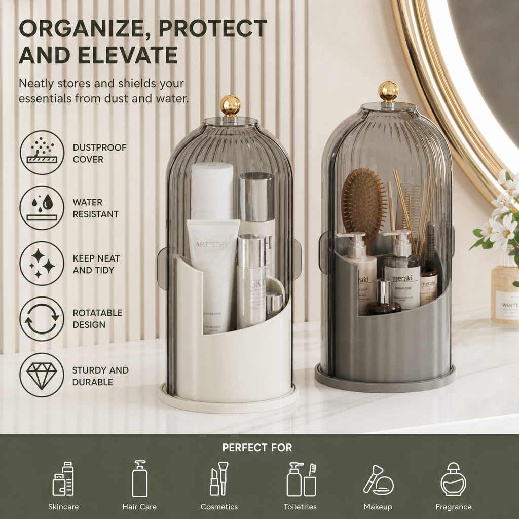 Rotating Toothbrush & Bathroom Essentials Organizer with Dustproof Clear Cover