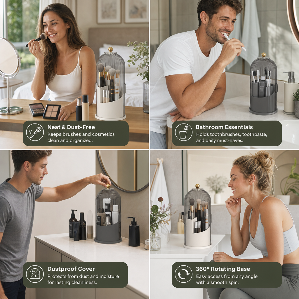 Rotating Toothbrush & Bathroom Essentials Organizer with Dustproof Clear Cover